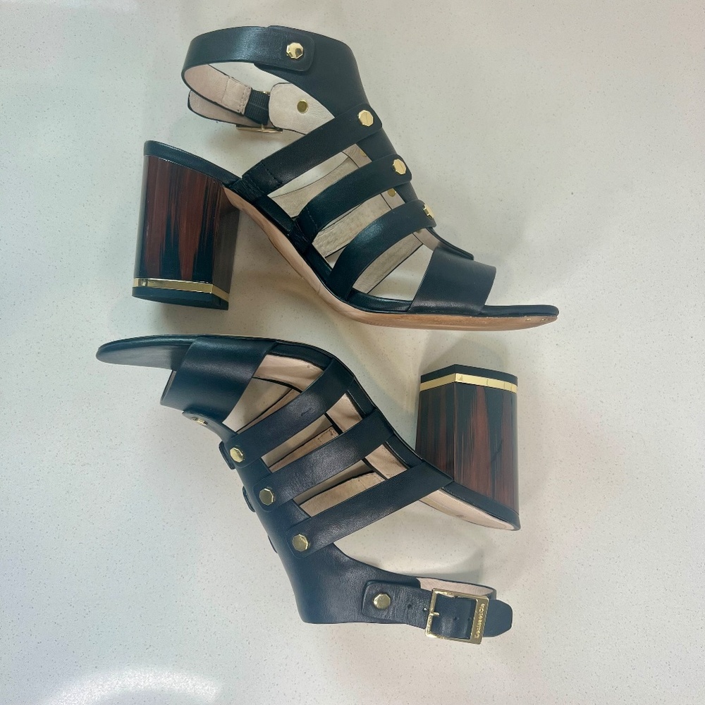 Louise et Cie Lo-Vira black leather sandals, tortoise color block heel - Picture 9 of 15